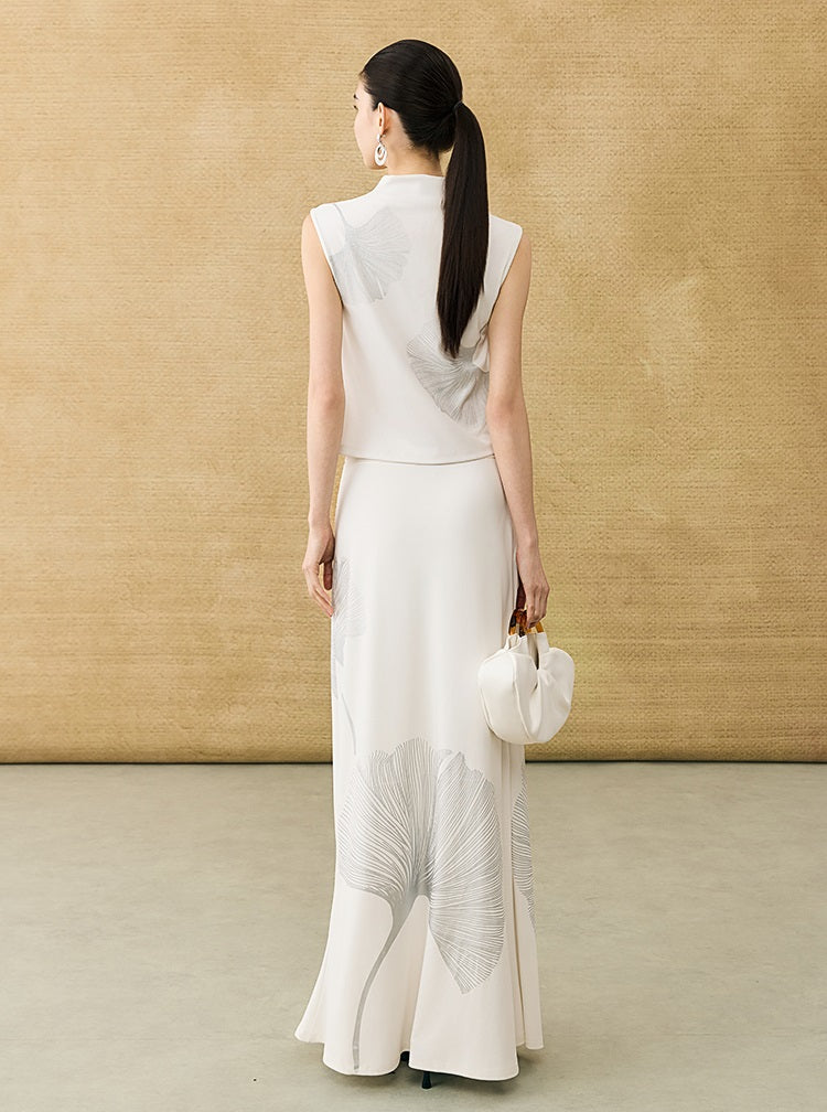 HECO Chinese draped skirt summer fashion ginkgo print skirt set - AFLORAL.