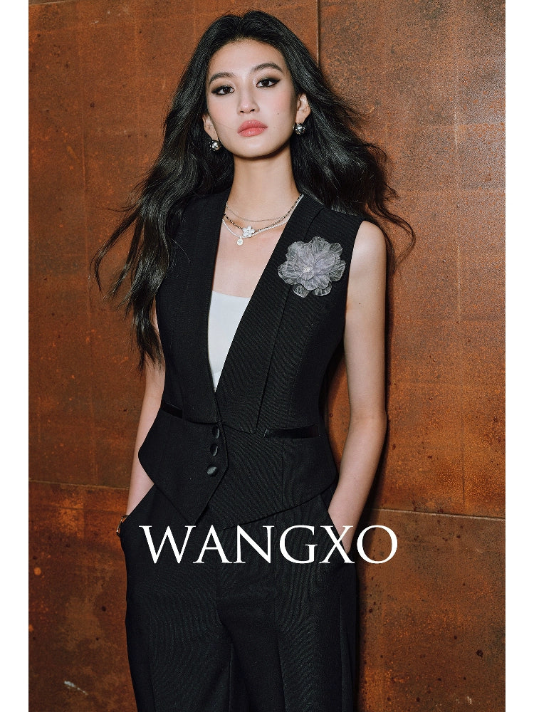 WANGXO|Wide Suit Material Spell Real Acetate Detachable Handmade Flowers V-Neck Vest Trousers - MAVIS