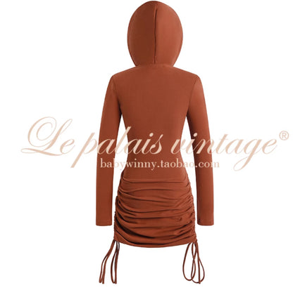 Le Palais Vintage Golden Brown Maillard hooded wide-shouldered slim-fitting pleated hip wrap KIM