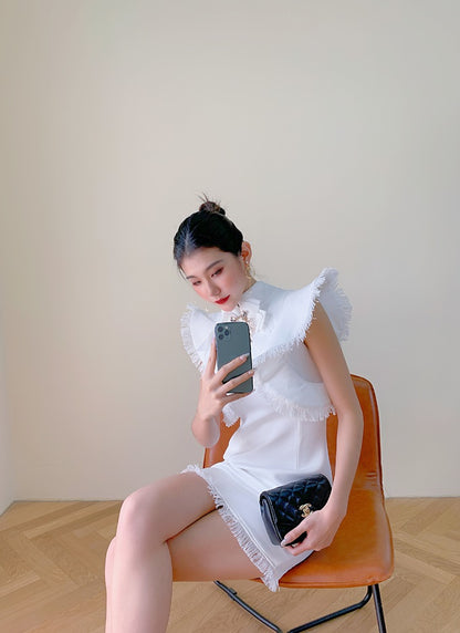 DOLLY Elegant White/Black Stand Collar Short Sleeve Slim Fit Short Fringe Dress-FRIYA