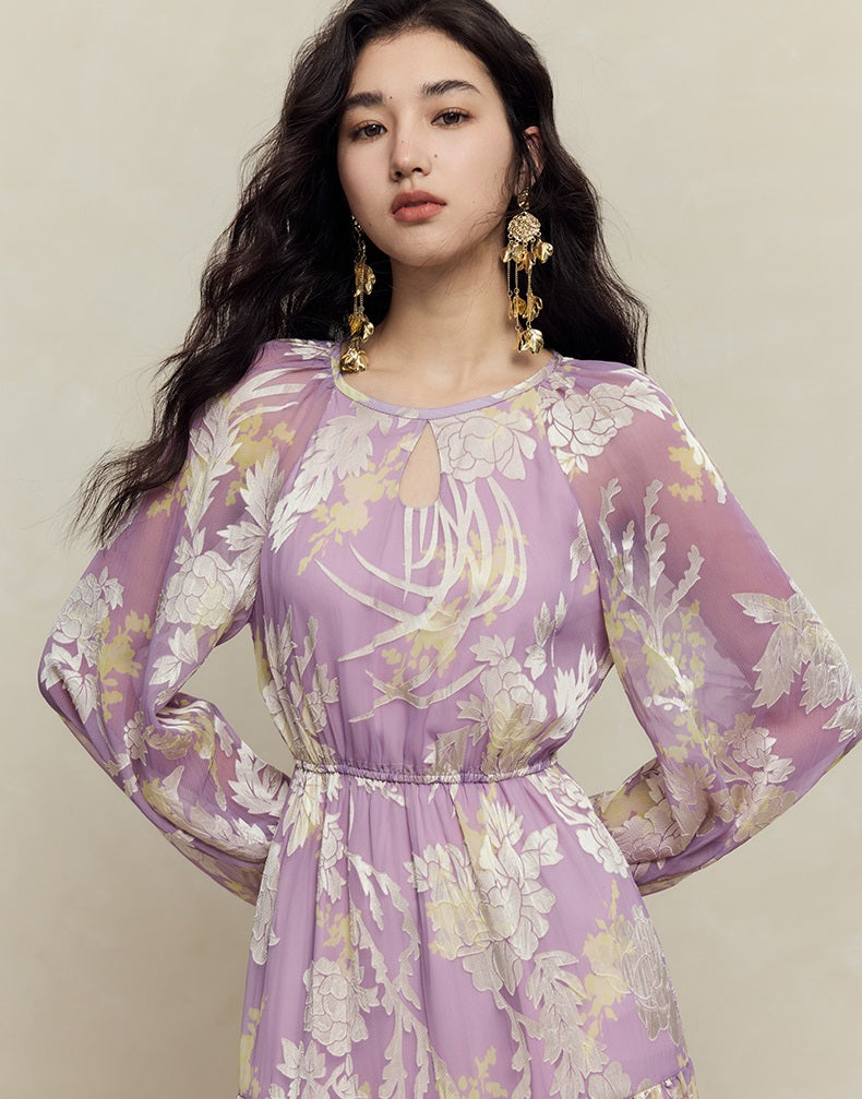 HECO silk peony burnt flower pendulum long-sleeved dress women - healer.
