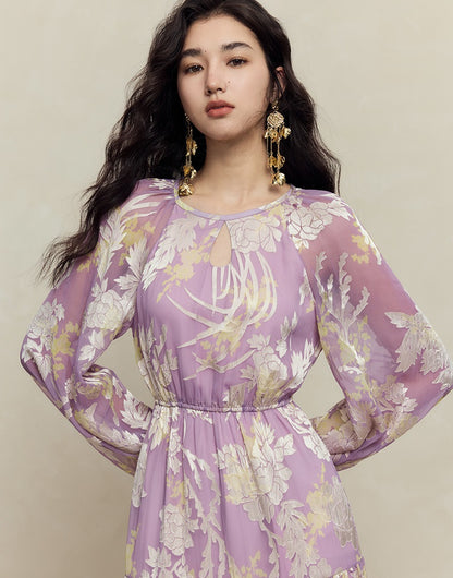 HECO silk peony burnt flower pendulum long-sleeved dress women - healer.