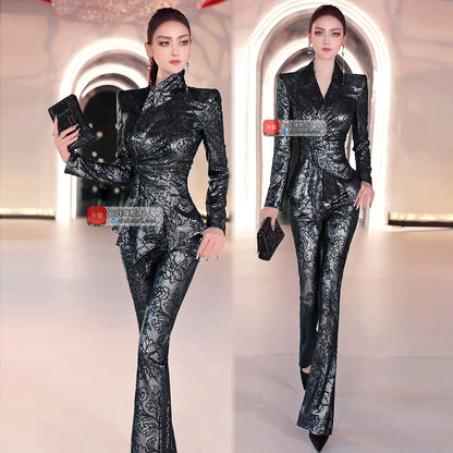 VJE  Embroidered Suit Flared Pants Two-Piece Pleated Suit-MARY.