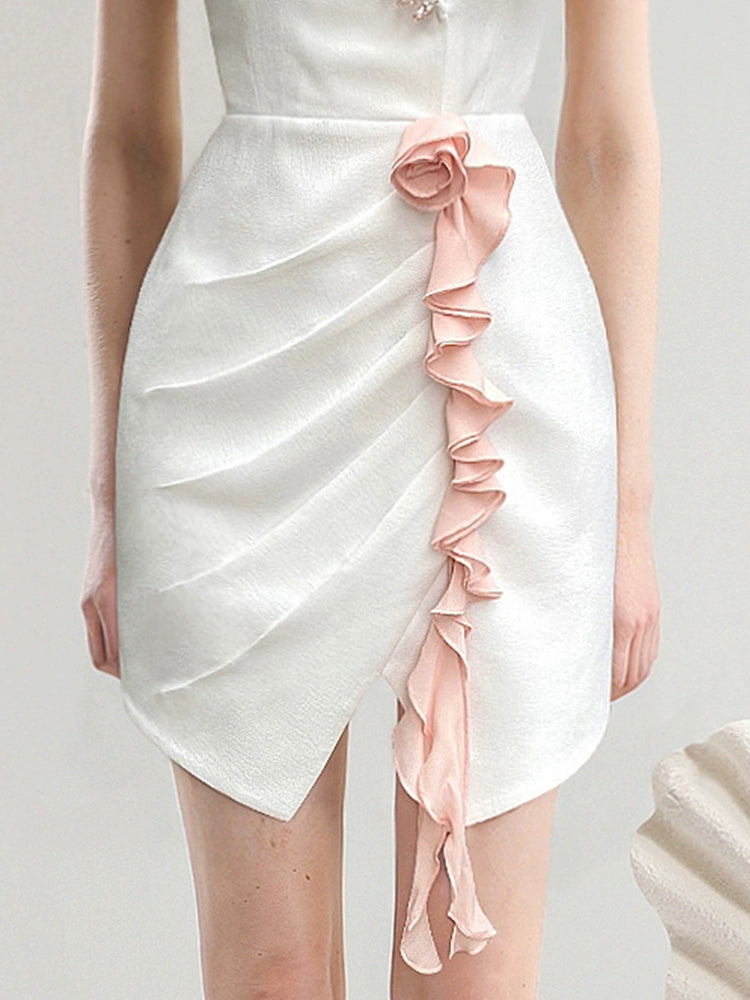 CHECOCRE Elegant V-neck Pressed Pleated Diamond Design Short White Dress - SEEKING