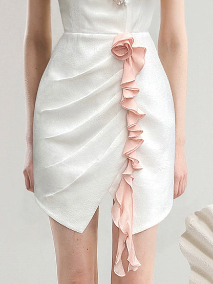 CHECOCRE Elegant V-neck Pressed Pleated Diamond Design Short White Dress - SEEKING