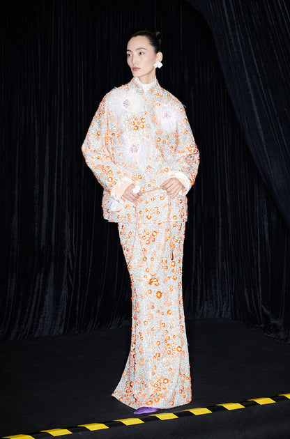 M essential Mackay designer vermilion embroidered fabric iris ostrich feather beaded jacket  FEA.