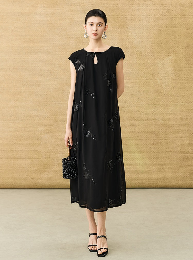 HECO Chinese Style Water Drop Neck Shoulder Embroidered Dress - SWEAT.