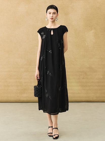 HECO Chinese Style Water Drop Neck Shoulder Embroidered Dress - SWEAT.