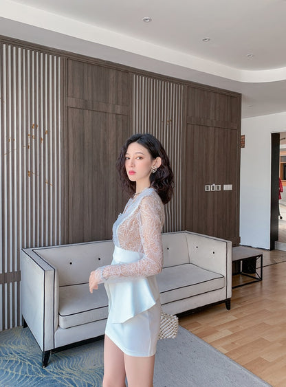 DOLLY Elegant White V-Neck Long Sleeve High Waist Peplum Short Date Dress-LOUIS