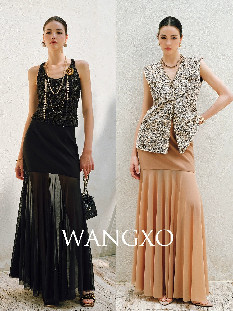WANGXO | Twill Roman Knit with Lightweight Sheer Paneling  A-Line Hem Flowing Skirt  -RAYA