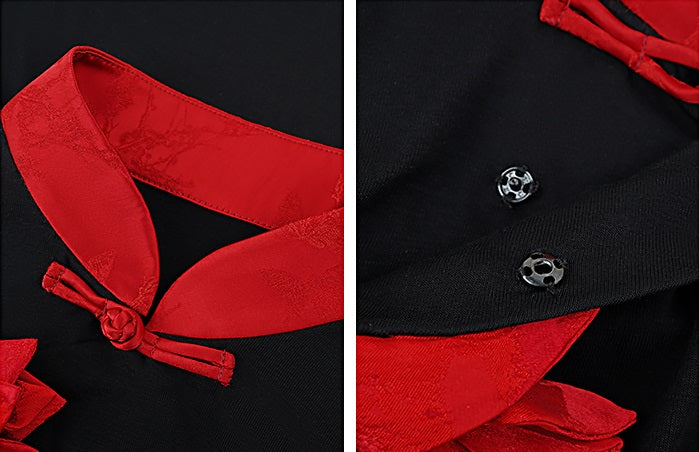 HECO Polyester Handmade Flower Mandarin Neckline Short Sleeve  Black T-Shirt - EVE.