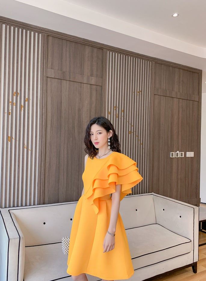 DOLLY Luxury Retro Style Crew Neck One Shoulder Ruffle Sleeves Midi Office Dress-CLAUDI