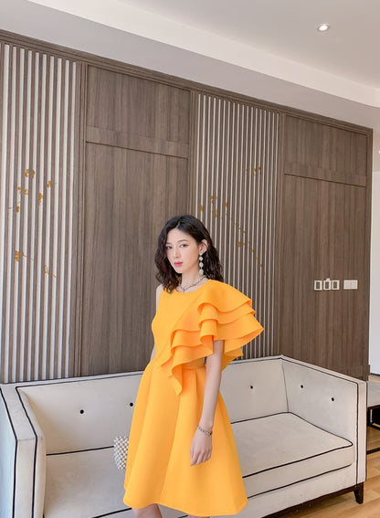 DOLLY Luxury Retro Style Crew Neck One Shoulder Ruffle Sleeves Midi Office Dress-CLAUDI