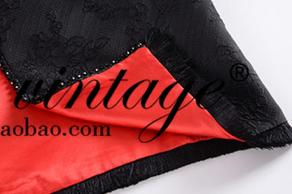 Le Palais Vintage Lace Dark Pattern Hong Kong Style Thin Black Long Dress-CHID