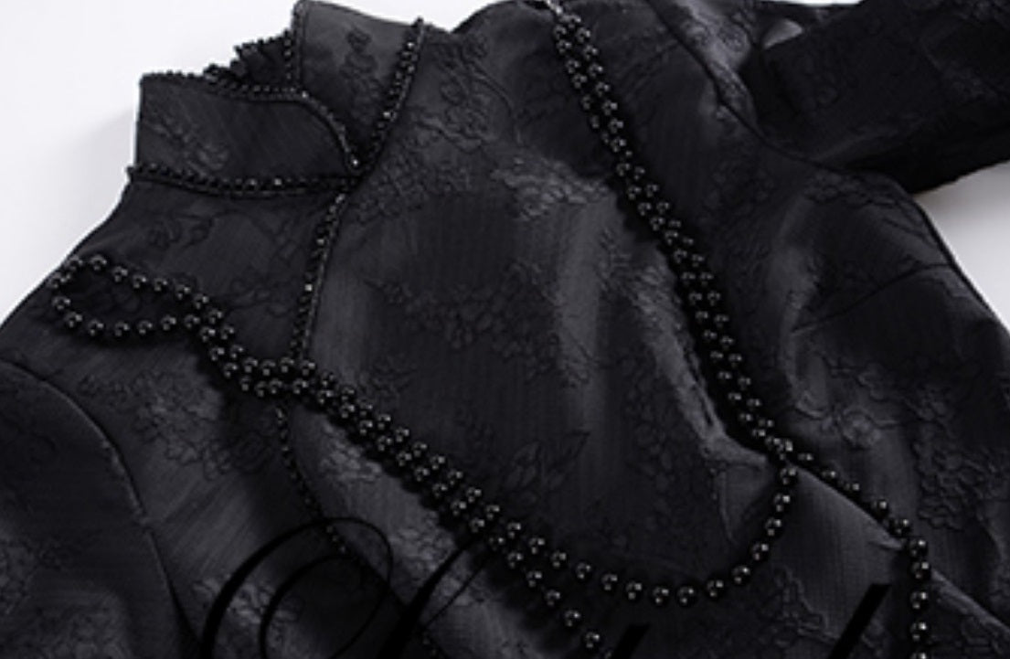 Le Palais Vintage Lace Dark Pattern Hong Kong Style Thin Black Long Dress-CHID