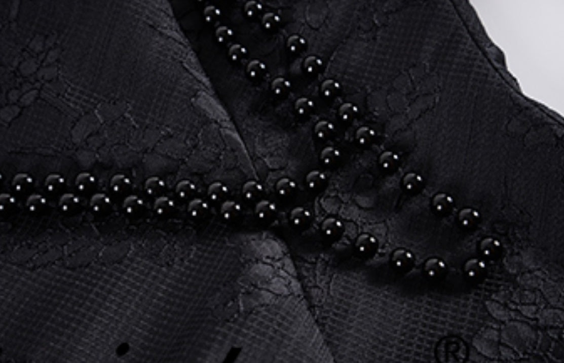 Le Palais Vintage Lace Dark Pattern Hong Kong Style Thin Black Long Dress-CHID