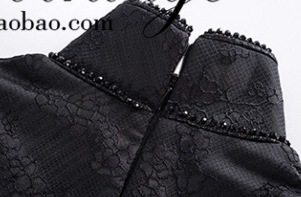 Le Palais Vintage Lace Dark Pattern Hong Kong Style Thin Black Long Dress-CHID