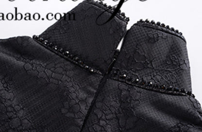 Le Palais Vintage Lace Dark Pattern Hong Kong Style Thin Black Long Dress-CHID