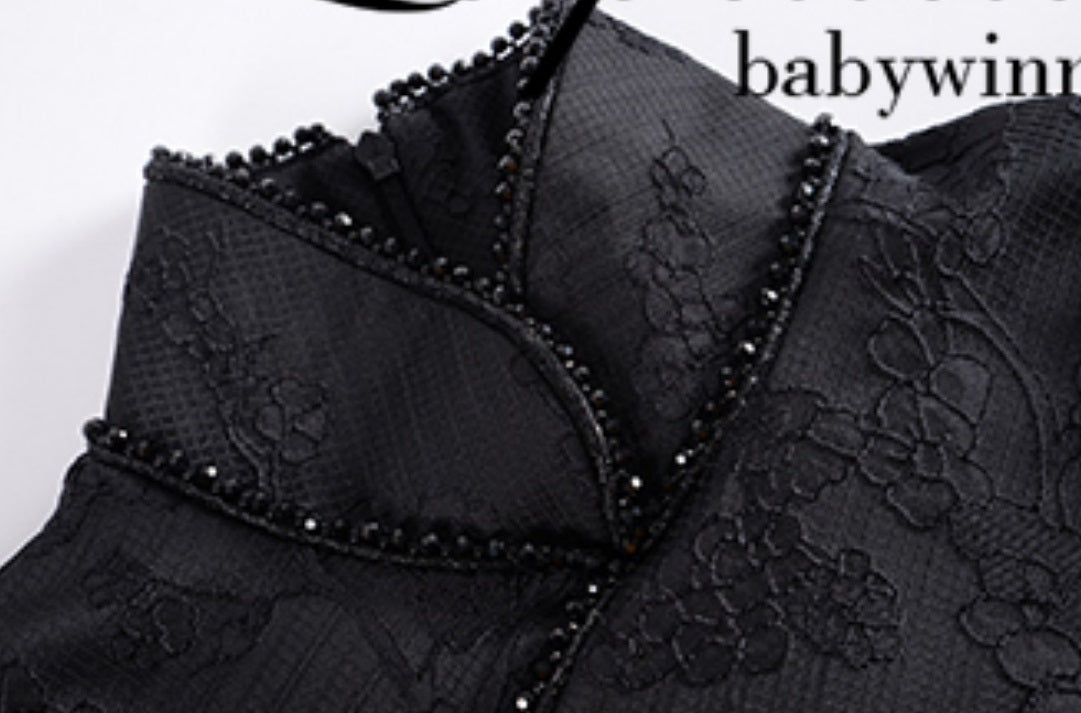 Le Palais Vintage Lace Dark Pattern Hong Kong Style Thin Black Long Dress-CHID