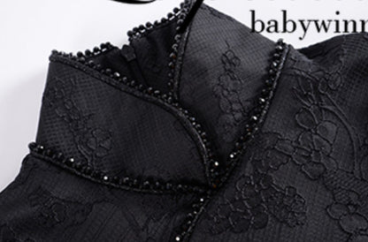 Le Palais Vintage Lace Dark Pattern Hong Kong Style Thin Black Long Dress-CHID