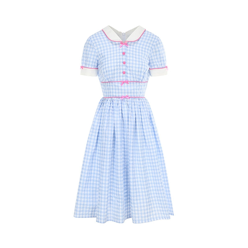 Le Palais Vintage Blue Plaid Waist Swing Skirt Puffy Skirt-SEM