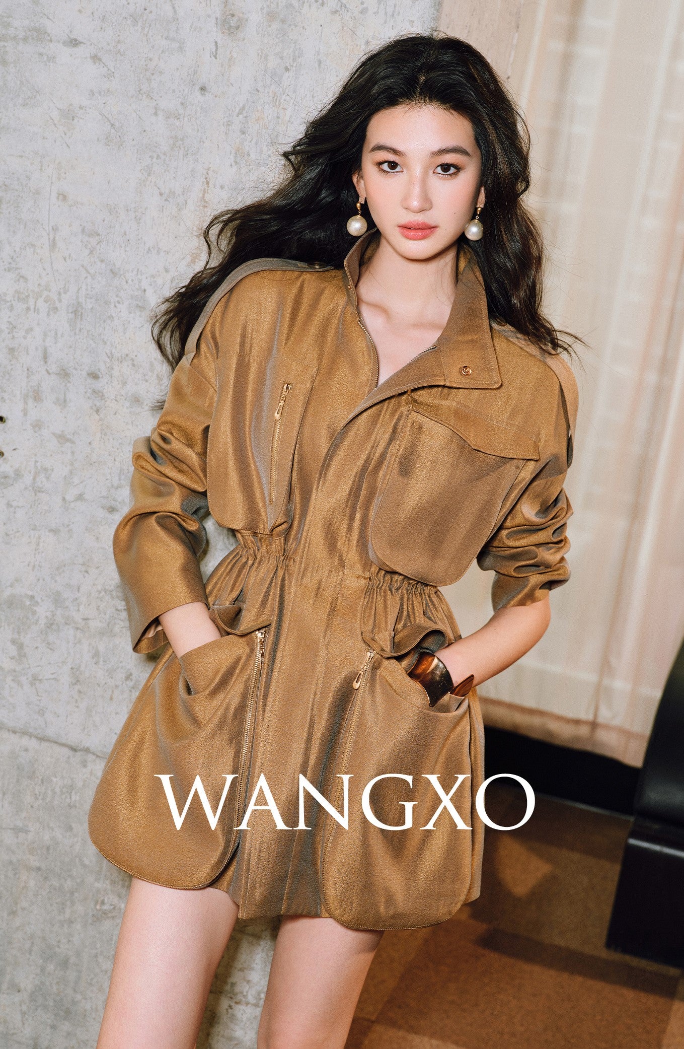 WANGXO | High-End Luxury Silk Brocade Luster Stand-Up Collar Waist 3D Pocket Jackets-VERA