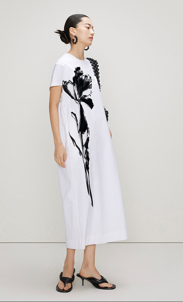 ZHUCHONGYUN ink print loose straight cotton dress-LUX.