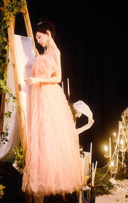 DOLLY Elegant Pink Sleeveless Big Bow Long Pleated Sequin Award Night Dress-CLEO  (V)