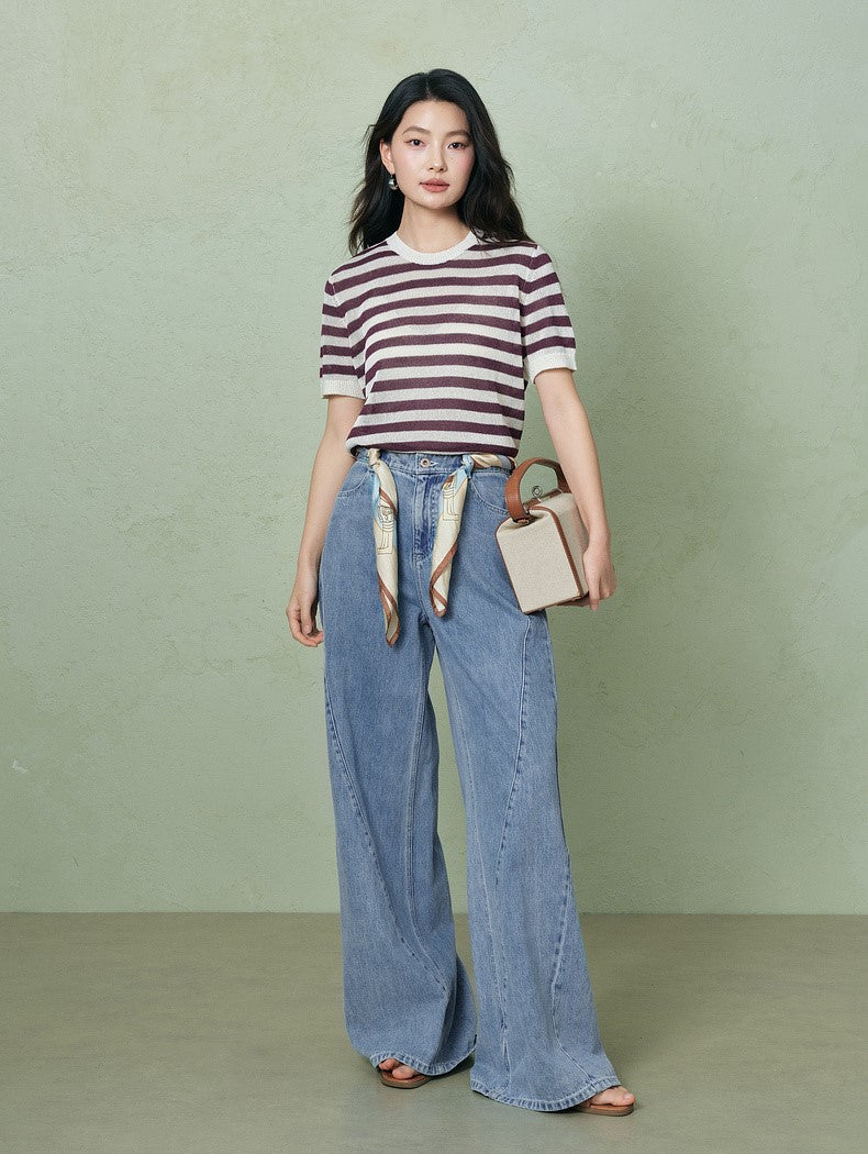 SUSHE light hollow texture striped short-sleeved knit sweater new stretch loose top -BESS