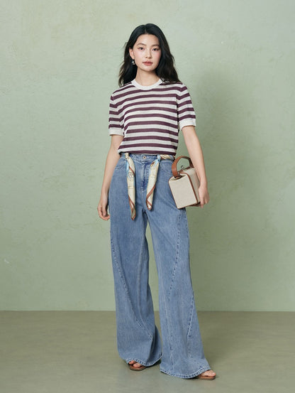 SUSHE light hollow texture striped short-sleeved knit sweater new stretch loose top -BESS