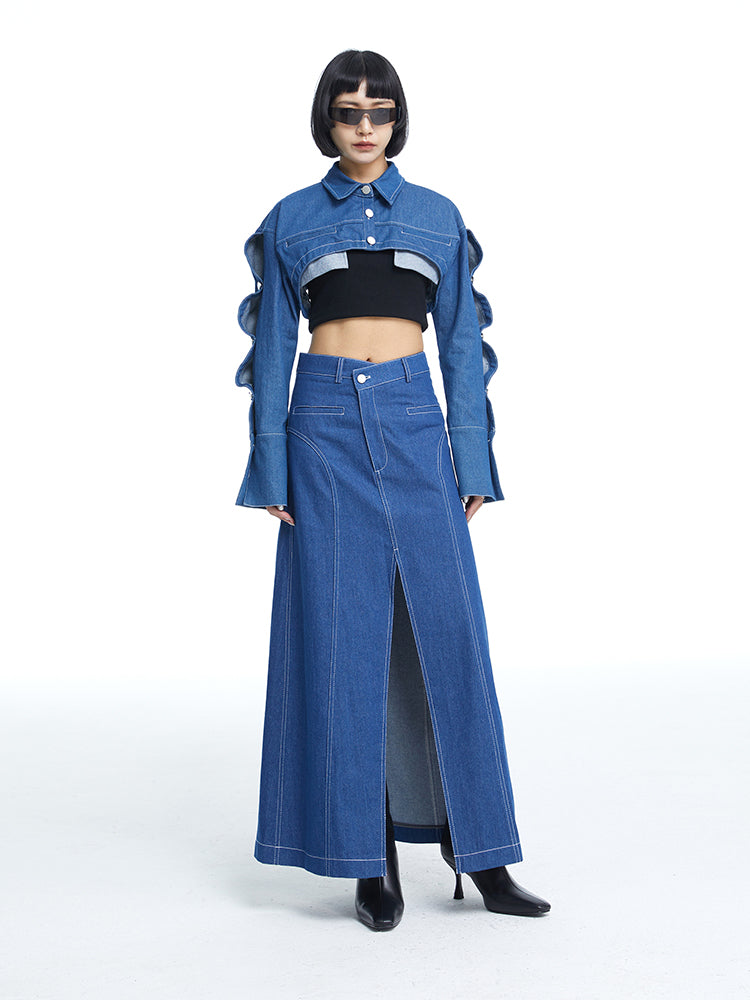 TINY IN large slit long three-dimensional denim skirt -MANNIE