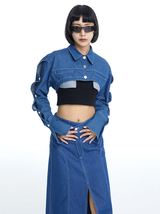 TINY IN wave sleeve denim cropped women's versatile jacket -FISHER