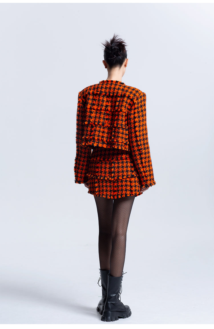 LEDIM W luxury highend patchwork orange houndstooth tweed short shirt- Haiei