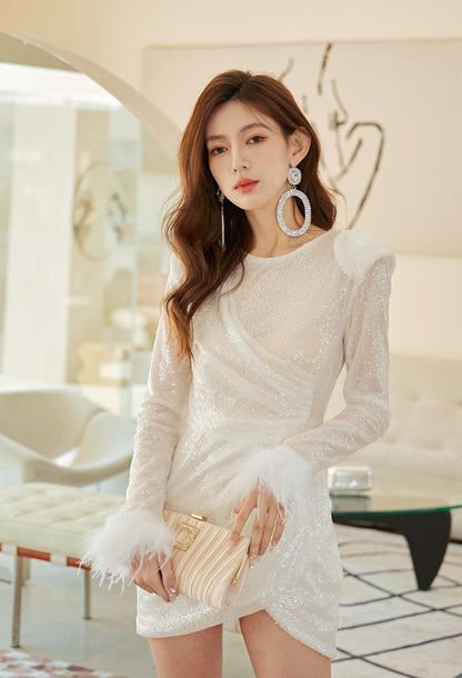 DOLLY Elegant White Crew Neck Long Sleeve Short Sequin Sexy Birthday Dress-LAYLA