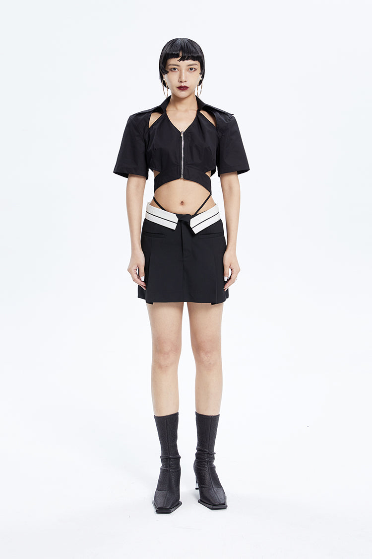 Tiny IN low-waisted contrasting turn-up short pressed pleats skirt-LULU