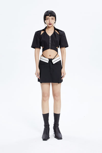 Tiny IN low-waisted contrasting turn-up short pressed pleats skirt-LULU