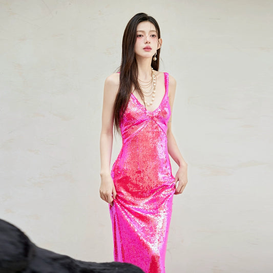 DOLLY Elegant Pink Barbie V-Neck Sleeveless Sequin Long Party Dress-JOY (V)