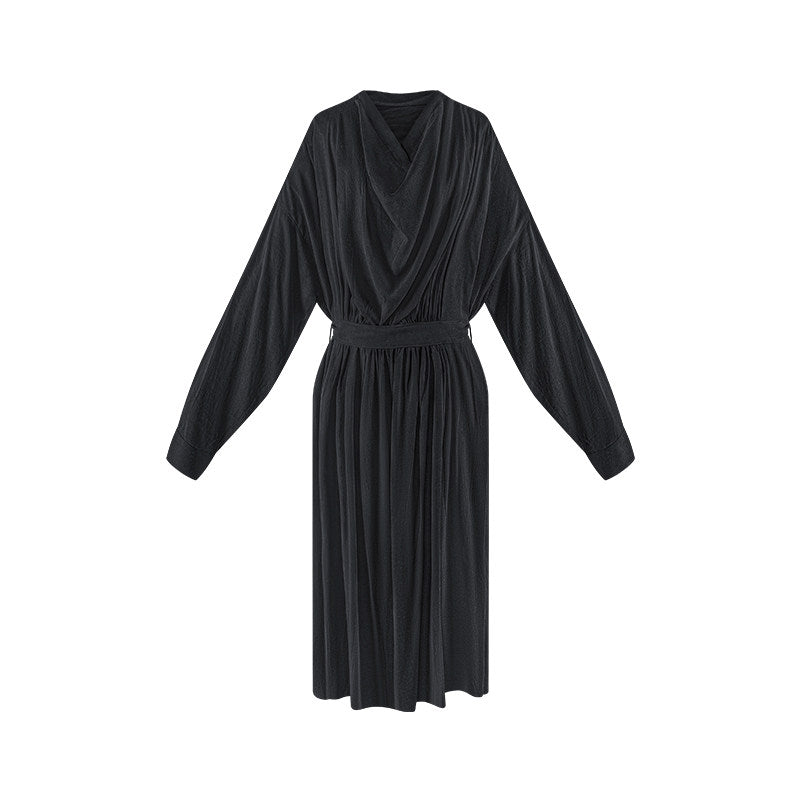 TUYUE Brown red loose drape collar cinched waist long-sleeved dress - JULIET.