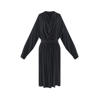 TUYUE Brown red loose drape collar cinched waist long-sleeved dress - JULIET.