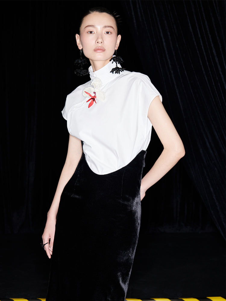 M essential Mackay designer bloom white dense cotton sleeveless stand-up collar shirt - NEON.