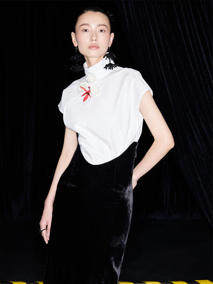 M essential Mackay designer bloom white dense cotton sleeveless stand-up collar shirt - NEON.