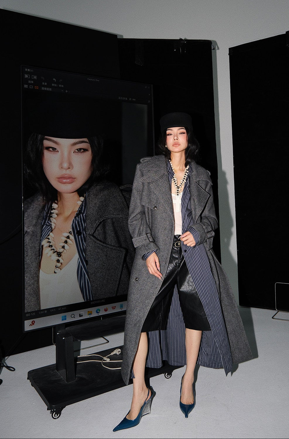 MEI SANGUAN gray double-breasted shoulder pads woolen jacket - KAIA