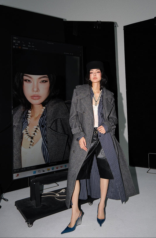 MEI SANGUAN gray double-breasted shoulder pads woolen jacket - KAIA