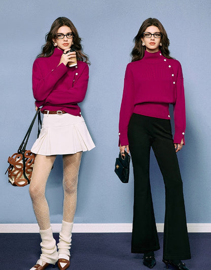 CHICHY Western-style turtleneck knitted sweater retro rose red inner top-AKAGI
