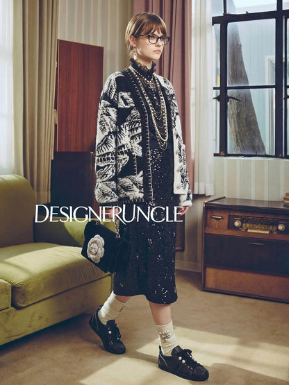 DGU×LAB\ Black Knitted Loose Jacquard V-Neck Stitched Lazy Knitted Jacket - BORD'