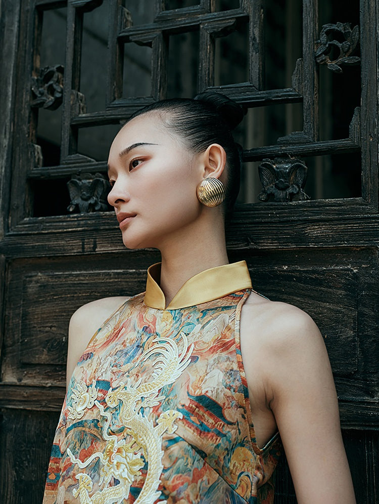 HECO Chinese Stand Collar Color-Blocked Golden Dragon Embroidery Dress - ZIPH