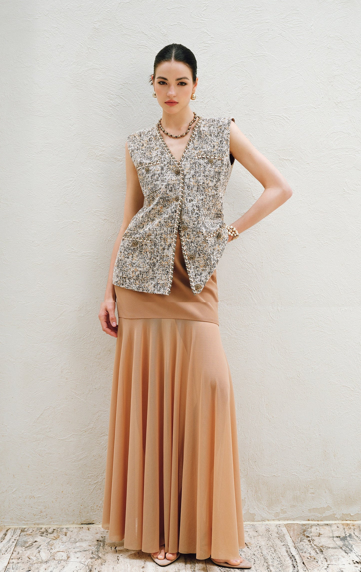 WANGXO | Twill Roman Knit with Lightweight Sheer Paneling  A-Line Hem Flowing Skirt  -RAYA