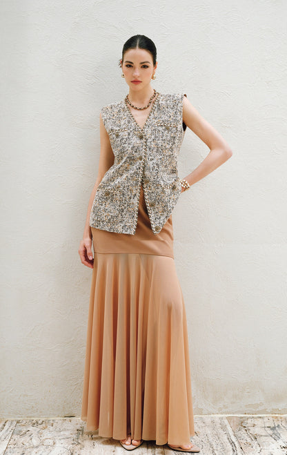 WANGXO | Twill Roman Knit with Lightweight Sheer Paneling  A-Line Hem Flowing Skirt  -RAYA