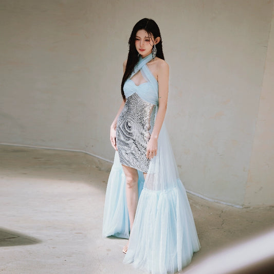 DOLLY Elegant Blue Sliver Sequin Halter Neck Backless Sexy Long Dress-Quin (V)