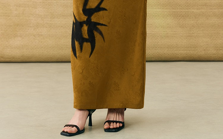 HECO Chinese high-end acetate bamboo feminine temperament printed slit skirt - COLT.